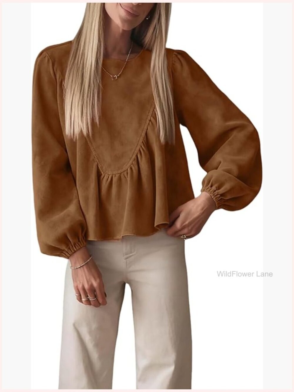 Peplum Babydoll Top Faux Suede Loose Fit Lantern Sleeve Blouse